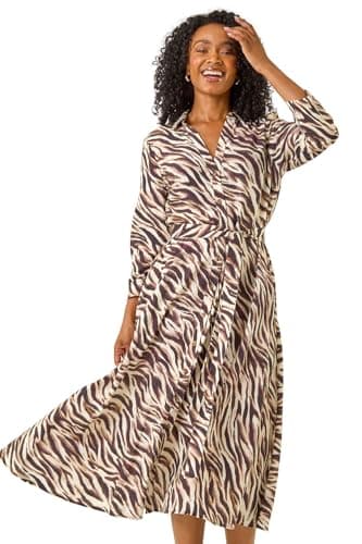 Image of Roman Originals Shirt Dress for Women UK- Ladies Long Sleeve Belted Collared Midi Maxi Winter Autumn Smart Casual Button Through Evening Office A Line Swing Skater - Petite Chocolate - Size 14