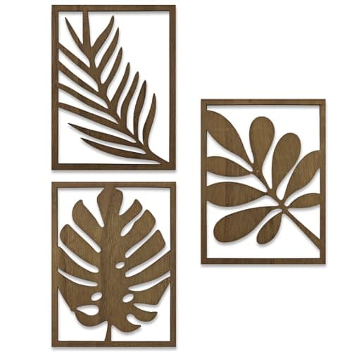 Image of Huakaile 3 Packs 11.81'' x 8.66''/30 x 22 CM Tropical Wall Art Decor, 3D Leaf Wooden Carved Wood Wall Art Sculpture for Living Room Bathroom Bedroom Home Rustic Decorations (Dark Brown)