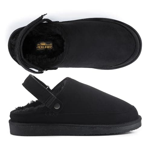 Image of Polar Women's Suede Comfort Faux Fur Slippers – Breathable Slip-On with Adjustable Strap & Lightweight Durable Sole – Casual Everyday Footwear for Home, Travel & Walking – Black 6