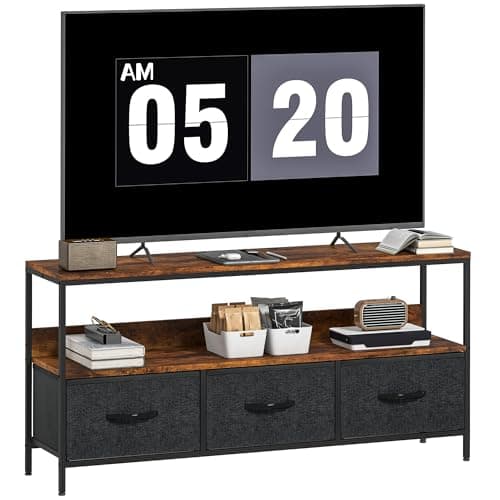 Image of HOMCOM TV Stand Cabinet up to 55-inch, TV Unit with 3 Foldable Linen Drawers, Open Shelf for Living Room, Bedroom, Entertainment Room, Rustic Brown