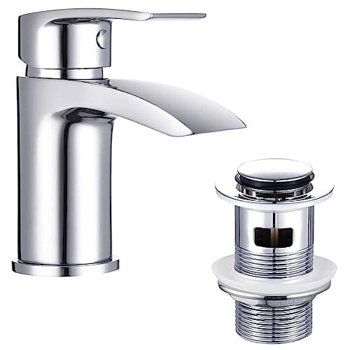 Image of Funime Basin Taps Mixer Waterfall Bathroom Sink Tap Mixers Mono Chrome with Pop up Waste Slotted Brass Single Hole Monobloc with Hoses G1/2'' Modern Round Cloakroom Faucet with Click Clack Plug Waste