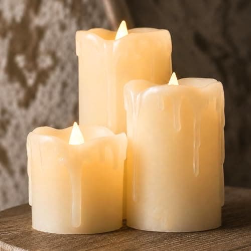 Image of Festive Lights - Set of 3 Real Wax Cream LED Pillar Candles – Warm White Flickering Flameless Candles with Dripping Effect, Batteries Included – Indoor Home, Wedding & Event Décor