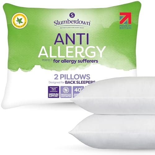 Image of Slumberdown Anti Allergy Pillows 2 Pack - Allergy UK Approved Medium Support Back Sleeper Pillows for Allergy Sufferers | Anti Bacterial Cover, UK-Made & Washable (48 x 74cm)