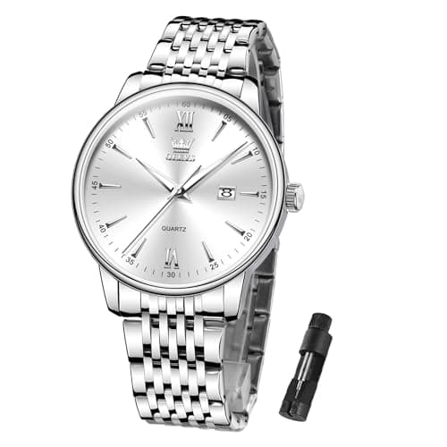 Image of OLEVS Watches Men's Watch Silver Dial Quartz Dress Watch Stainless Steel Band Wristwatch with Date Display 30M Water Resistant Business Watches for Men