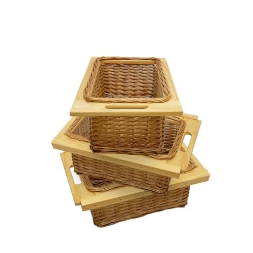 Image of 3 x Pull out Wicker Basket Drawer 400mm Kitchen Storage Solution Larder Base Unit Cupboard with Handle Rustic Pine Wood Farmhouse Style 100% Handmade Rattan Brown