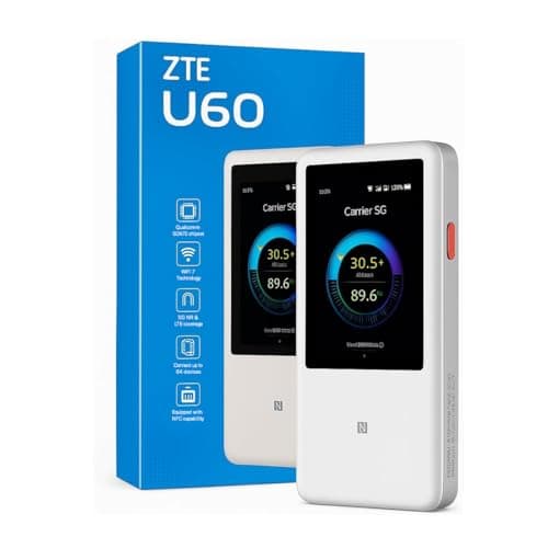 Image of ZTE U60 5G Mobile WiFi Hotspot, Portable MiFi Router with SIM Slot, Unlocked 5G Internet, WiFi 7, Touchscreen, Long Battery Life, Travel & Caravan Wi-Fi, Connect up to 64 Devices