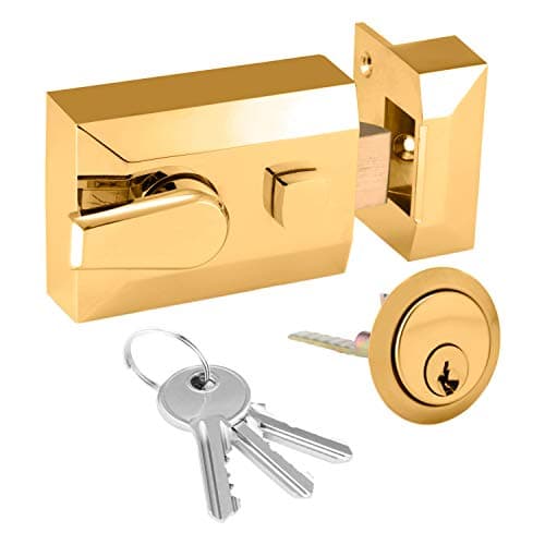 Image of XFORT® Standard Deadlocking Night Latch 60mm, Complete with Rim Cylinder and 3 Keys, Elegant Polished Brass Nightlatch, External Door Lock for Front Door, High Security for Your Home or Workplace