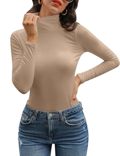 Image of Aottori Turtle Neck Tops Womens Lightweight Base Layer Thermal Underwear Ladies Long Sleeve Roll Neck Jumpers Basic Plain Pullover Tunic T-Shirt Khaki XS