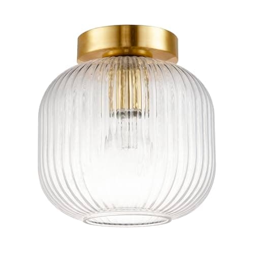Image of Happy Homewares Contemporary Satin Gold Ceiling Light Fitting with Clear Ribbed Glass Shade | 28cm x 37cm | 1 x E27 | Class 2 Double Insulated