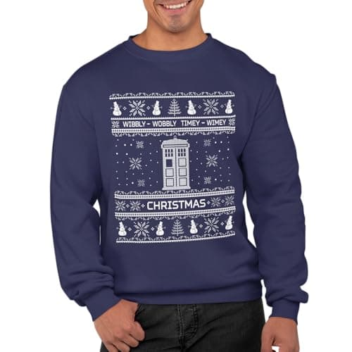 Image of Graphic Impact Inspired Santa Showman Phone Box Ugly Christmas Ugly Xmas Jumper Xmas Sweatshirt Adults Unisex Sweater Christmas Jumper (Navy Blue, Large)