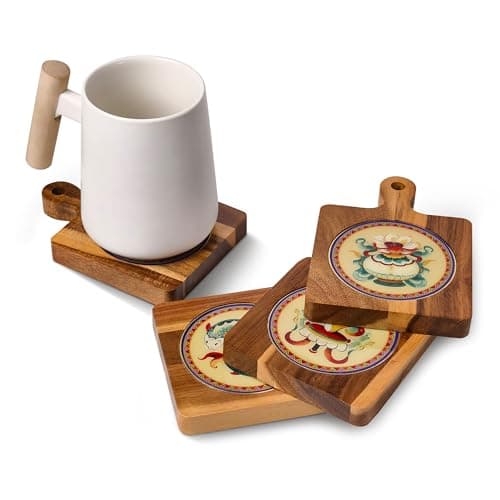 Image of Cyrabota Acacia Wood Coasters, Wooden Drink Coaster Set of 4, Wall-Mount Absorbent Coasters with Tibetan Cultural Patterns and Acrylic Center, Tabletop Protection Decor for Table, Bar, Coffee