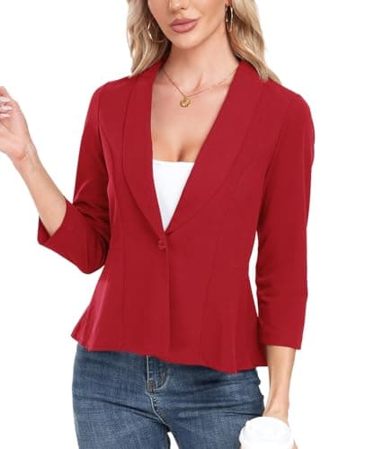 Image of MINTLIMIT Blazers for Women Business Casual Open Front 3/4 Sleeve Blazer Ruffle Hem Work Office Jackets for Ladies Red