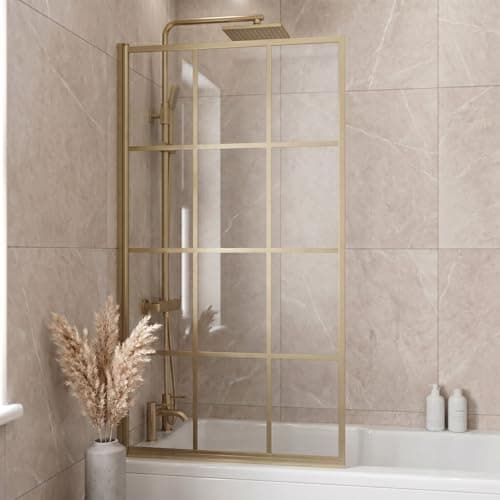 Image of LUXURA® 800 x 1400mm Brushed Brass Square Grid Over Bath Shower Screen Door 6mm Clear Toughened Safety Glass Panel 180° Pivot Bathroom Hinged Framed Bath Screens