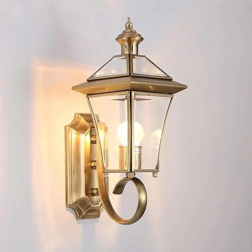 Image of Vintage Outdoor Wall Lights Lantern, Waterproof E27 Wall Light for Garden Porch Patio, Brass Outdoor Sconce with Glass, Mains Powered for Front Door and Balcony