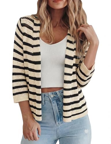 Image of Kistore Women's Shrug Sweaters 3/4 Length Sleeve Openwork Lightweight Crewneck Striped Cardigans Jumper Apricot with Black Stripes XL