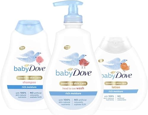 Image of Baby Dove Rich Moisture Baby Care Set – 3-Piece Bundle: Tear-Free Head to Toe Wash (400ml), Gentle Shampoo (400ml), & Moisturising Lotion (200ml) suitable for Sensitive Skin