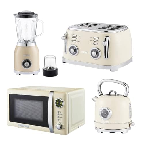 Image of GEEPAS Retrovive 1.8L Electric Kettle, 4 Slice Bread Toaster, 2-in-1 Jug Blender & 20 Litre 700W Digital Freestanding Microwave Oven Kitchen Combo Set | 3000W Vintage Cordless Kettle | Cream