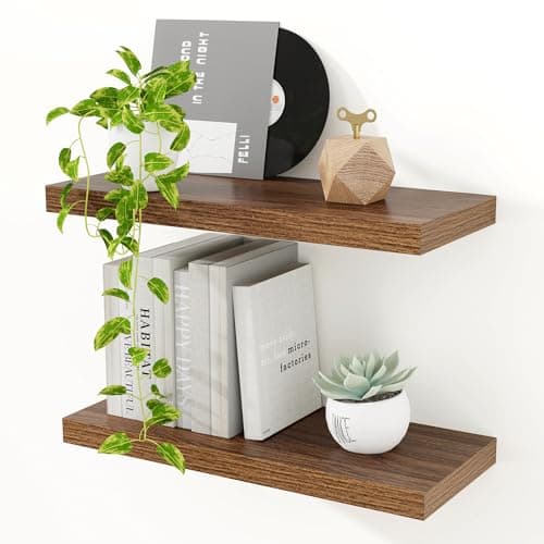 Image of Feihorrm Floating Shelves for Wall, 40cm Wooden Floating Shelves Walnut, 23.5cm Deep Floating Wall Shelves for Bathroom Living Room Kitchen Bedroom Bookshelf Storage & Organizer, Set of 2