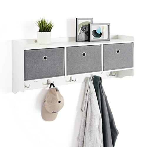 Image of Mondeer Coat Rack with Shelf, Storage Unit Wall Mounted with 3 Baskets 5 Hooks Wooden Modern Style for Hallway Entryway Living Room, W98 x H40 x D22 cm, White