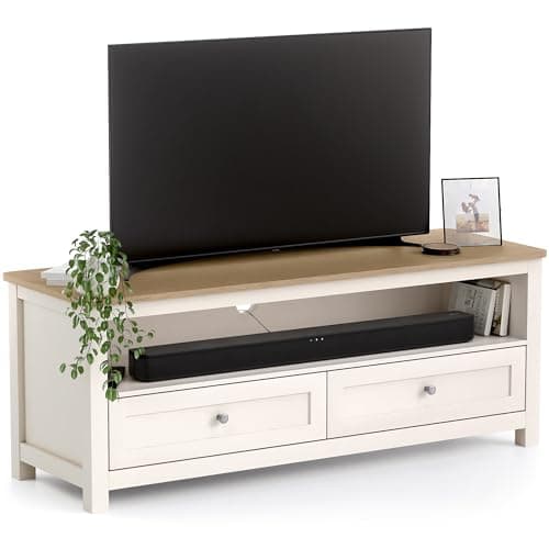 Image of CHRISTOW TV Unit with Storage & Oak-Effect Top, Modern Television Stand with 2 Drawers & Open Shelf, Media Console Cabinet for Living Room, Sturdy MDF, Matte Painted – Cream, H45 x W118 x D40cm