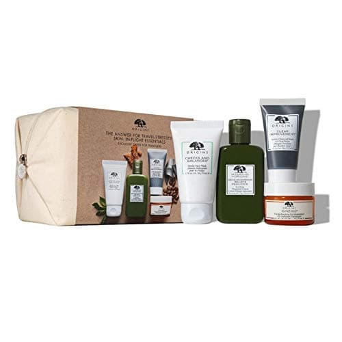 Image of Origins The Answer For Travel-Stressed Skin In-Flight Essentials Gift Set Skin Care Essentially Gentle Face Wash Active Charcoal Facial Mega Mushroom Resilient Lotion Oil-Free Gel Moisturiser
