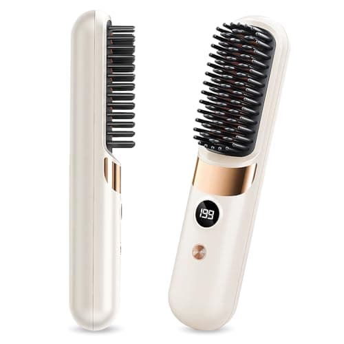 Image of Cordless Hair Straighteners,Ceramic Glazed Hair Straightener Brush for Sleek,Frizz-Free Styles,4 Heat Modes,Portable Rechargeable & LED Display(Cream White)