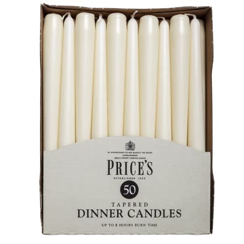 Image of Price's Candles Tapered Dinner Candles Ivory Unscented Wax Pack of 50 | 7 Hour Burn Time Elegant Long Candles for Home Decor, Events, Celebrations & Dining