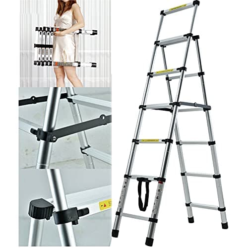 Image of 6 Step Ladder Aluminium Stepladder Heavy Duty 150kg/330lbs Capacity Telescopic A-Frame Stepladder Portable Non Slip Safety Ladder EN131 Standard
