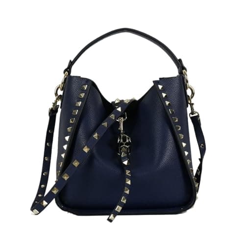 Image of OPIGJUFD Rivet Bucket Bag Luxury Women's Bucket Bag Designer Genuine Leather Lychee Rivet Shoulder Handbag Dating(Blue,21cm)