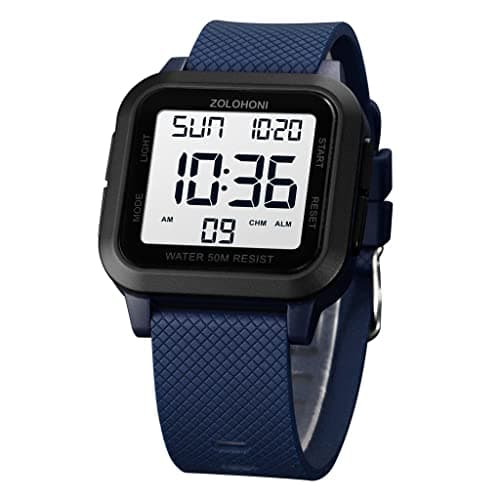 Image of zolohoni Square Men's Digital Watch Big Numbers Dial Large Face Waterproof LED Watches with Alarm Date Stopwatch, White & Blue, Modern