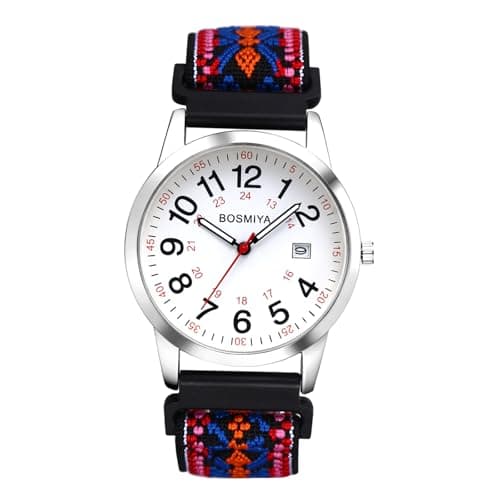 Image of JewelryWe Unisex Braided Elastic Watch: 24-Hour Format Easy-to-Read Calendar Dial Quartz Wristwatch Colorful Strap with Silver Case