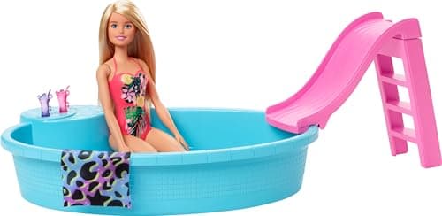 Image of Barbie Doll, 11.5-Inch Blonde, Pool Playset with Slide and Accessories, Gift for 3 to 7 Year Olds, GHL91