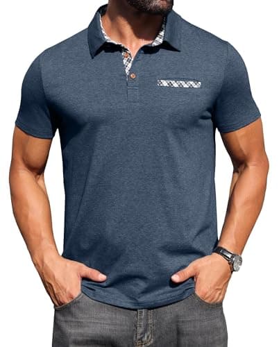 Image of Hisir Mens Polo Shirt Cotton Short Sleeve Contrasting Colors Regular T-Shirt Tops Summer Casual Sports Workwear with Pocket (Navy Blue, M)