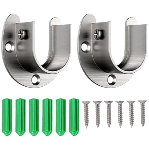 Image of 2 Pack Wardrobe Rail Bracket, Flange Rod Holder with Screws, Stainless Steel U-Shaped Brackets for Poles, Recess Brackets for Curtain Poles, 25mm