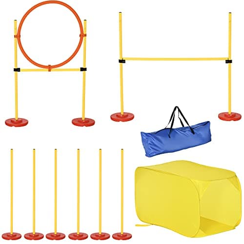 Image of Pawhut Dog Agility Equipment Portable Pet Training Obstacle Set for Dogs 5 Pieces w/ Adjustable High Jumping Pole, Jumping Ring, Weave Poles, Tunnel