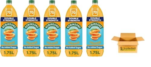 Image of Robinson's Double Strength No Added Sugar Squash 1.75L Squash Pack Of 5 Apple & Blackcurrant, Orange & Pineapple, Summer Fruits, Orange, Lemon (1.75L, Orange)