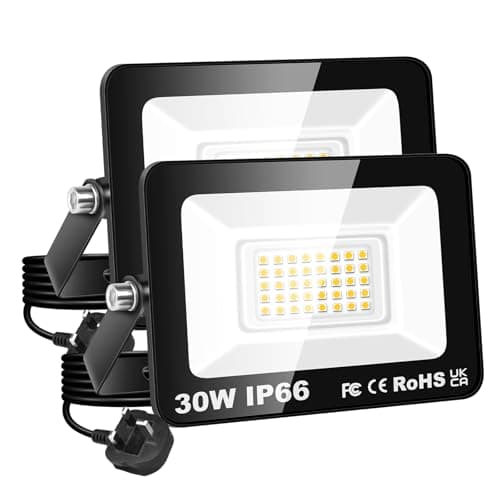 Image of PICAA 30W LED Flood Light, IP66 Waterproof Super Bright 3000LM Security Light, 3000K Warm White Outdoor Wall Light for Garden Yard Garage Patio Warehouse with UK Plug (2PCS)