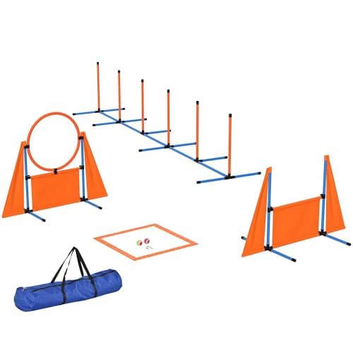Image of PawHut 6-Piece Dog Agility Equipment, Pet Agility Training Set with Weave Poles, Jump Ring, Hurdle, Pause Box, Obstacle Training Course Kit with Bag, Orange