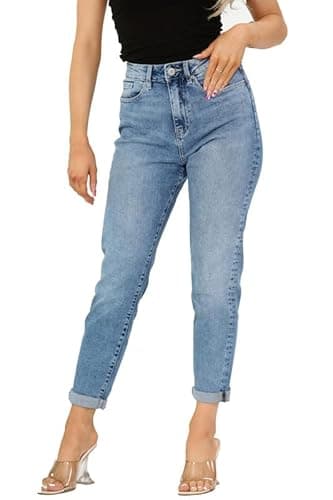 Image of Ex Famous Store Mom Jeans High Waisted for Women UK, Ladies Ankle Grazer Relaxed Fit Jean Light Blue