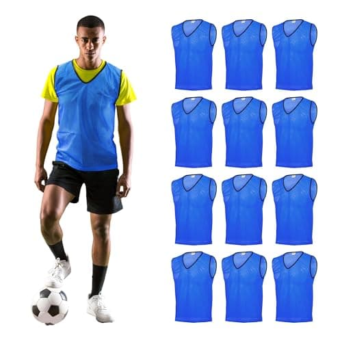 Image of GSi Sports Pinnies - Pack of 12 - Free Size for Youth/Adult - 5 Color Options - Soccer, Basketball Practice Vest (Blue)