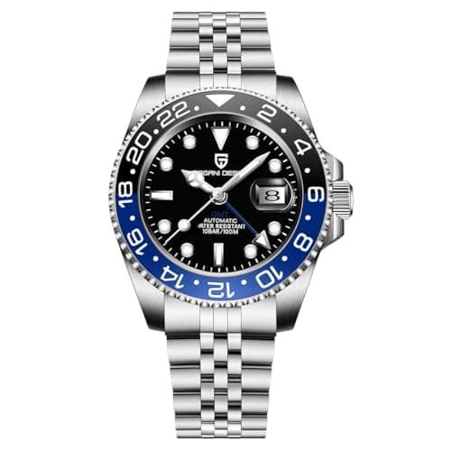 Image of PAGRNE DESIGN GMT Automatic Mechanical Men's Watch Rotating Ceramic Bezel Stainless Steel with Date Function Men's Sport Watch(Steel Band Black and Blue-5)