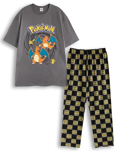 Image of Pokémon Charizard & Pikachu Mens Grey Graphic Tee | Short Sleeve Crew Neck Top | Cartoon & Geometric Print Sleepwear Logo T-Shirt | Comfortable Casual Wear for Fans