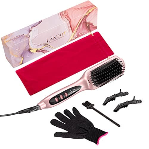 Image of LANDOT Hair Straighteners Brush for Women - Ionic Ceramic Straightening Brush for Smooth & Shiny Hair, Dual Voltage with 12 Adjustable Heat Settings 120-230°C, Fast Heating for Frizz-Free Styling