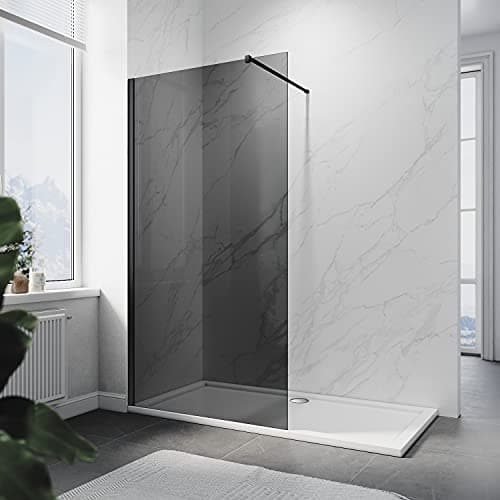 Image of ELEGANT 1100mm Walkin Shower Enclosure Bathroom 8mm Grey Safety Easy Clean Glass for Bath Wetroom Walk in Shower Cubicle Screen Panels + Black Stainless Steel Support Bars