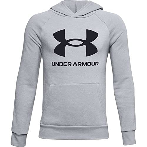 Image of Under Armour Rival Fleece Hoodie Warm-up Top, Boys Grey, Mod Gray Light Heather / / Black (011), YSM