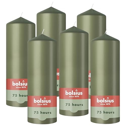 Image of Bolsius - Pillar Candle - Olive Green - 20 cm - Burning Time 75 Hours - with Natural Extracts - Natural Plant Wax - Without Palm Oil
