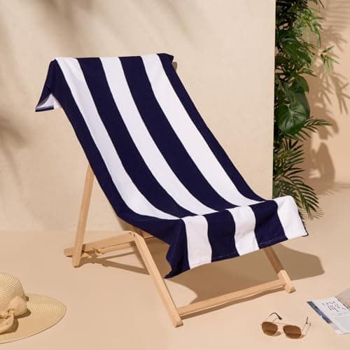 Image of Dreamscene Stripe Beach Towel Navy, Swimming Pool Beach Holiday Essentials Gym Microfibre Beach Towels for Adults Kids Quick Dry Towel, 71cm x 152cm