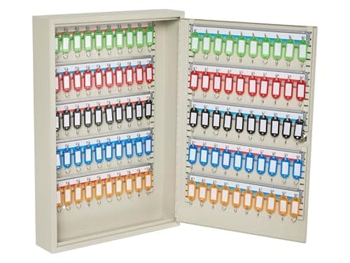 Image of The Workplace Depot Lockable Key Cabinet, White Heavy Duty Steel Wall Mounted Key Lock Safe with Key Hooks & Coloured Key Tags for Home, Office, Garage & Warehouses (100 Key Capacity)
