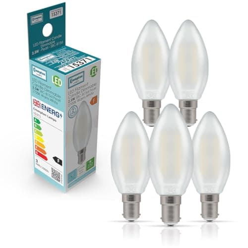 Image of Crompton Lamps Filament Candle LED Light Bulb SBC-B15d | 2.5W = 25W Equivalent | Warm White 2700K | Energy Efficient | Small Bayonet Lightbulb | Long Life 15000-Hrs | Pearl Glass | Dimmable | 5-Pack