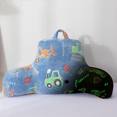 Image of Aimuan Construction Truck Vehicles Reading Pillow Glow in The Dark Bed Rest Wedge Kids Glow Backrest Pillow Car Print with Arms Back Support for Sitting Up in Bed Cushion, Light Blue